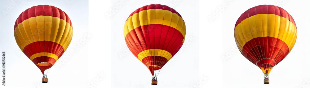 Naklejka premium Three red and yellow hot air balloons against a white sky.