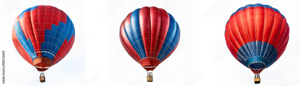 Fototapeta premium Three hot air balloons with red and blue patterns against a white background.
