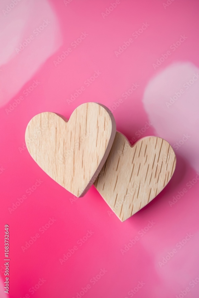 Obraz premium Two wooden hearts touching on vibrant pink background for valentine's day.
