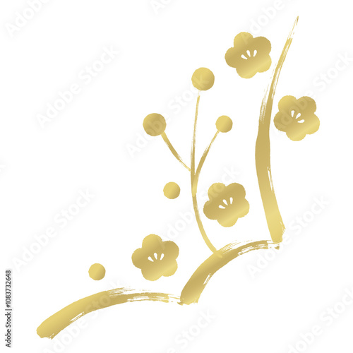 金色 筆書き風　和風の梅の花のあしらい