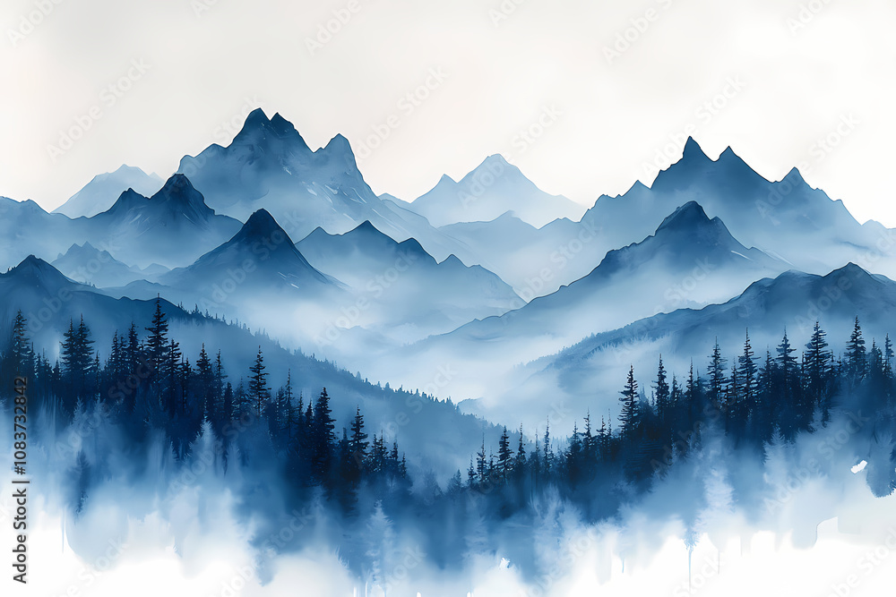 Obraz premium Matte Painting gouache in blue and grey colours, painting on white background of mountains in early modern impressionism