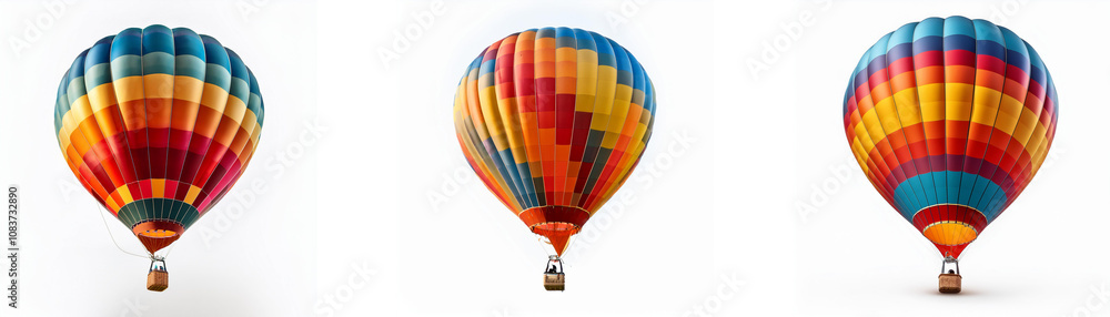 Fototapeta premium Three colorful hot air balloons with striped patterns against a white background.