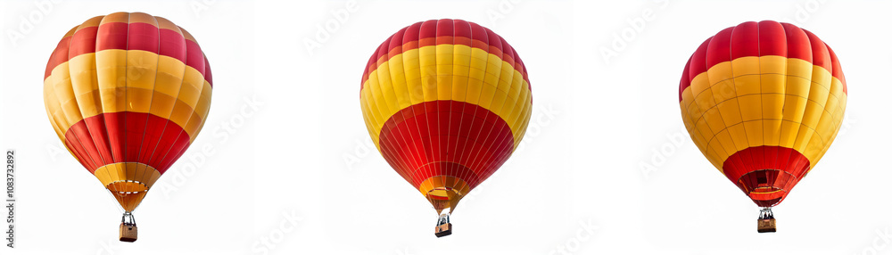 Fototapeta premium Three hot air balloons, red and yellow, float against a white background.