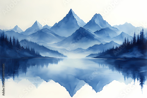Matte Painting gouache in blue and grey colours, painting on white background of mountains in early modern impressionism