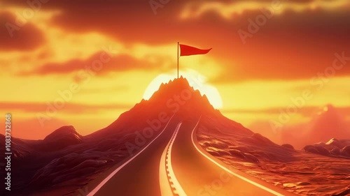 Road leading to mountain peak with flag at sunset