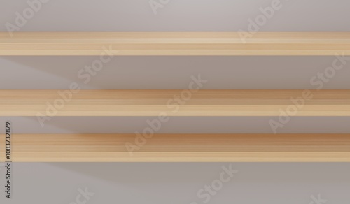 Three empty wooden wall shelves. Realistic 3D render in high resolution.