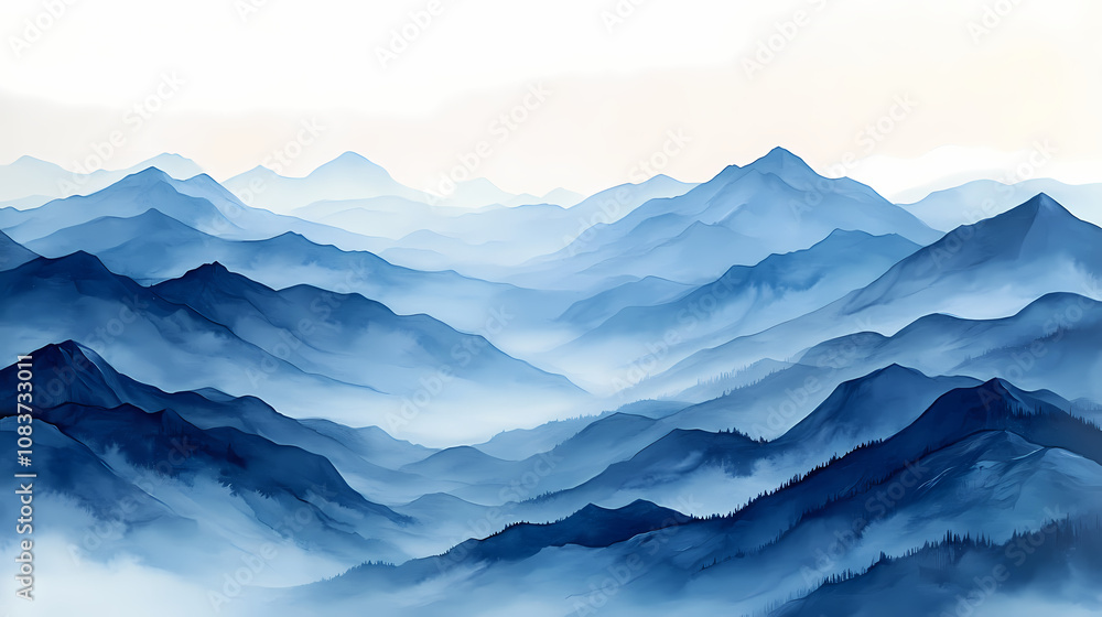 Fototapeta premium Matte Painting gouache in blue and grey colours, painting on white background of mountains in early modern impressionism