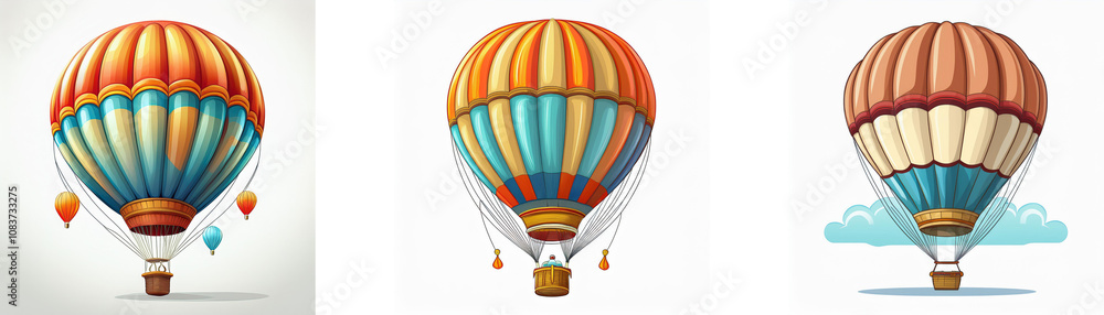 Obraz premium Three cartoon hot air balloons in various colors and designs with different backgrounds, including white and blue clouds.