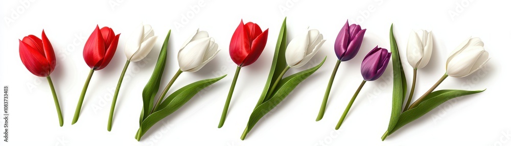 Fototapeta premium A vibrant row of tulips in red, white, purple, and pink, showcasing their elegant shapes and fresh green leaves against a clean white background.