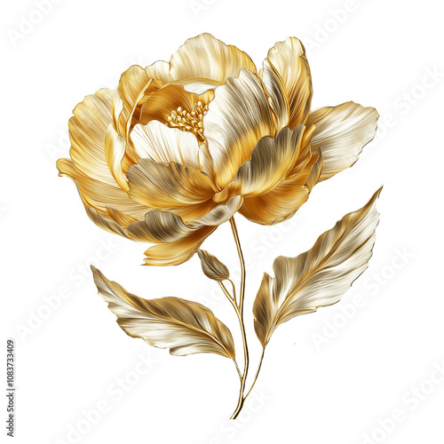 Golden poppy flower, leaves, 3d golden flower isolated on background