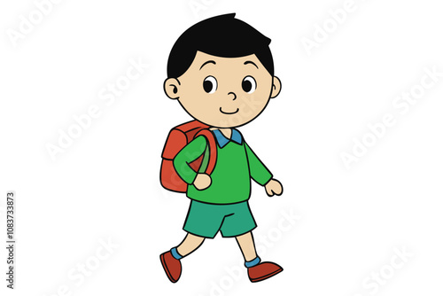 Happy first day of school card design. Kids going to school. Cute boy and girl with school building and school bus. Cartoon vector clip art eps 10 illustration on white background. 