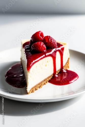 Slice of cheesecake with raspberry sauce on top. photo