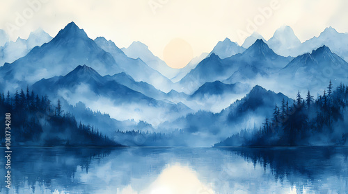Matte Painting gouache in blue and grey colours, painting on white background of mountains in early modern impressionism