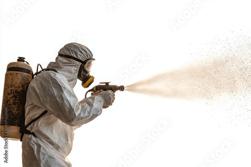 Pest Control Professional in Protective Gear Spraying Disinfectant Isolated Against White Background for Hygiene and Safety Concepts