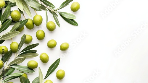 Wallpaper Mural Olive branches and green olives arranged artistically on a white background, showcasing freshness and natural beauty. Torontodigital.ca