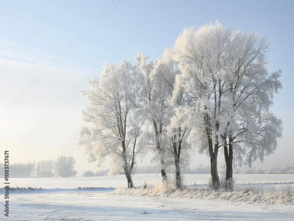 Fototapeta premium Frost-covered trees in a winter landscape at dawn