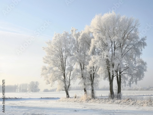 Frost-covered trees in a winter landscape at dawn