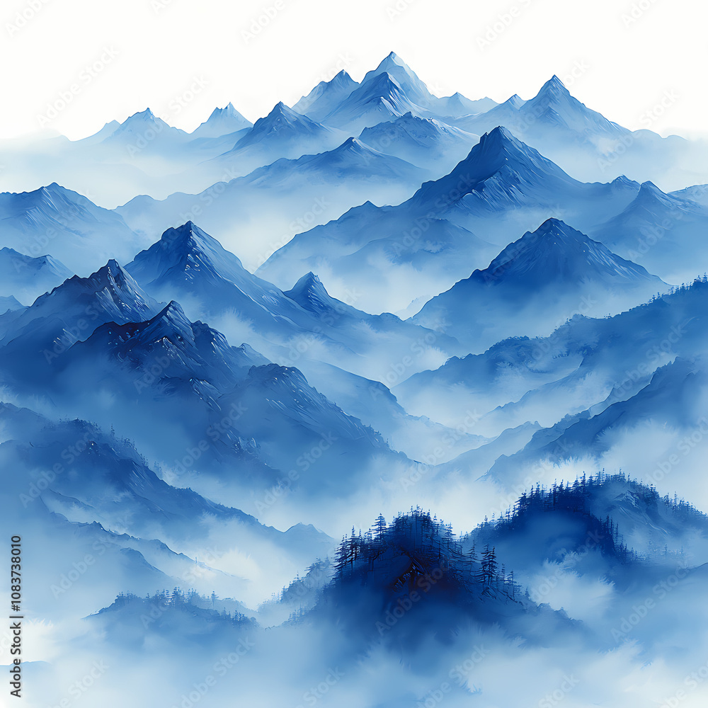 Fototapeta premium Matte Painting gouache in blue and grey colours, painting on white background of mountains in early modern impressionism