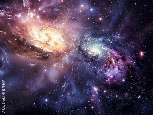 Beautiful galaxies collide in deep space at night