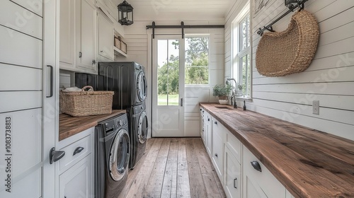 Modern Farmhouse Laundry Room with White Cabinets and Wood Countertop