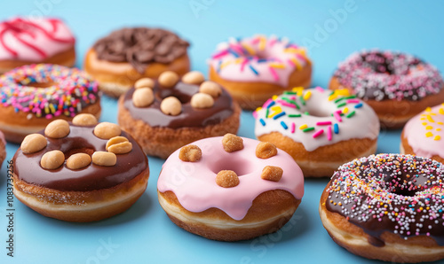 Bright colorful delicious donuts with sprinkles on a blue background. Sweet donuts with powdered sugar and nuts.
