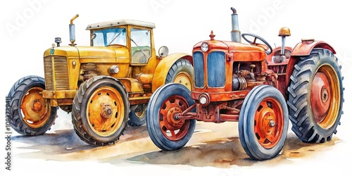 Vintage Farm Tractors Watercolor Illustration, watercolor, tractor, farming, agriculture, rural