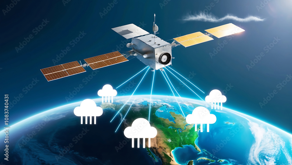 Obraz premium A satellite orbiting Earth with beams of light connecting to cloud icons on the surface, illustrating the role of satellite communication in global cloud connectivity.