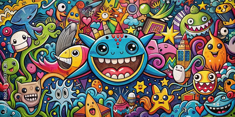 Naklejka premium Doodle Monster Galaxy A vibrant digital illustration with a playful composition of colorful creatures and objects. , doodle art, digital art