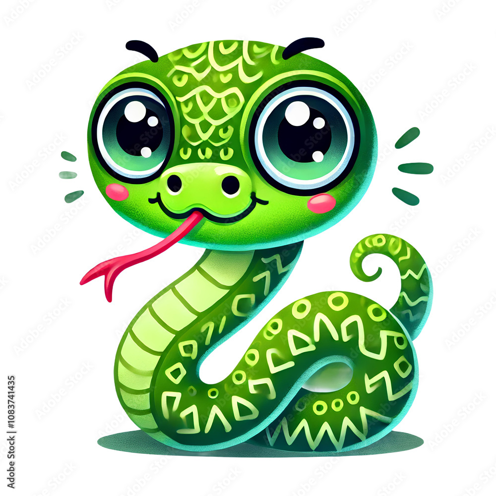 Fototapeta premium A cheerful cartoon snake with big eyes, a bright green patterned body, and a playful expression.