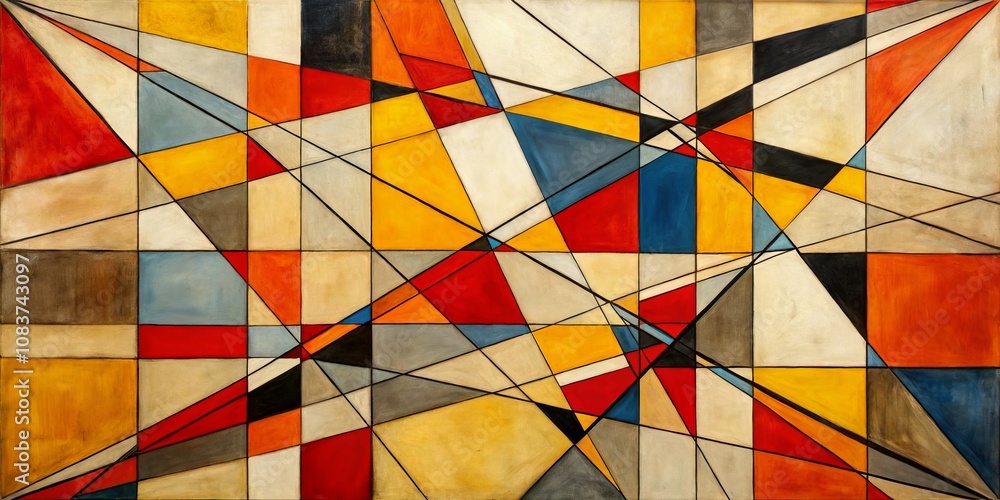Fototapeta premium Abstract Geometric Canvas Painting in Red, Yellow, Blue and Grey, abstract art, modern art