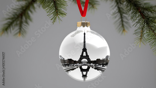 Close-up of modern Eiffel tower reflected in a festive Christmas tree and ornament  celebrating new year eve in paris, France. Christmas holiday concept.