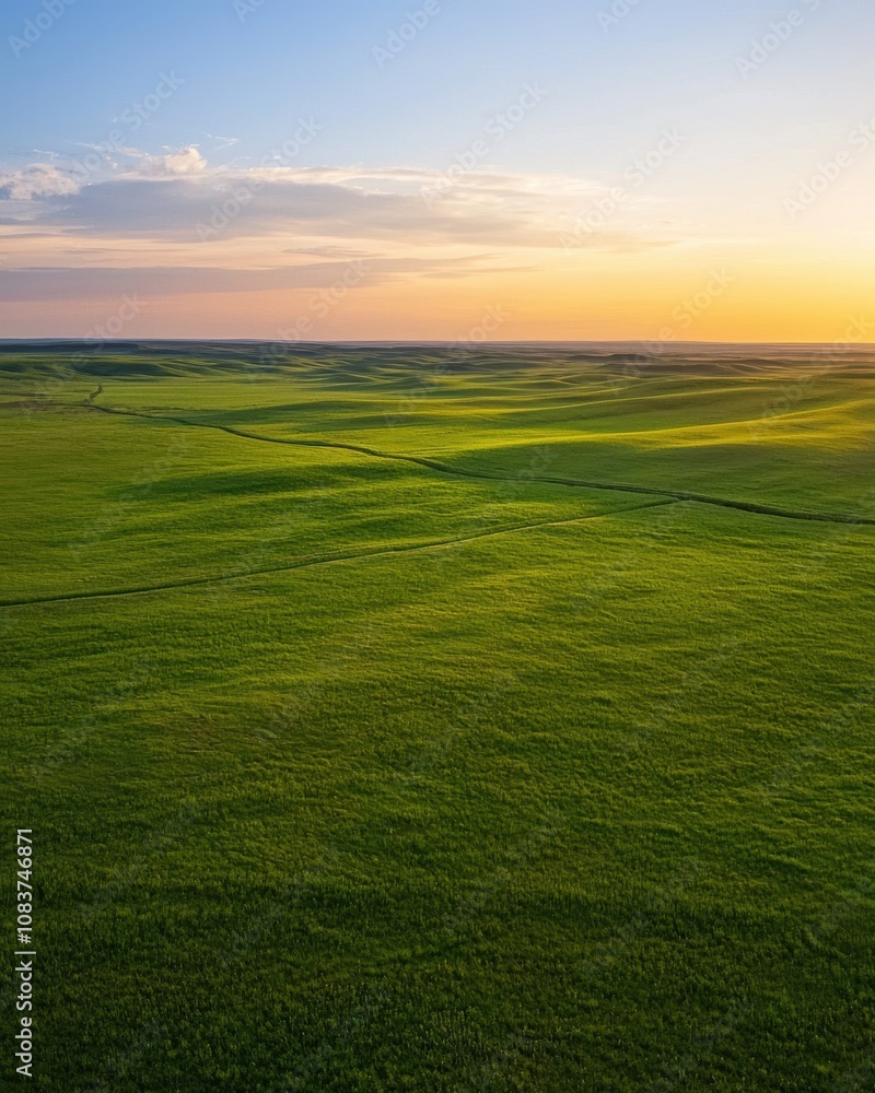 Fototapeta premium Breathtaking sunset over expansive green fields nature photography open landscape aerial view tranquil beauty