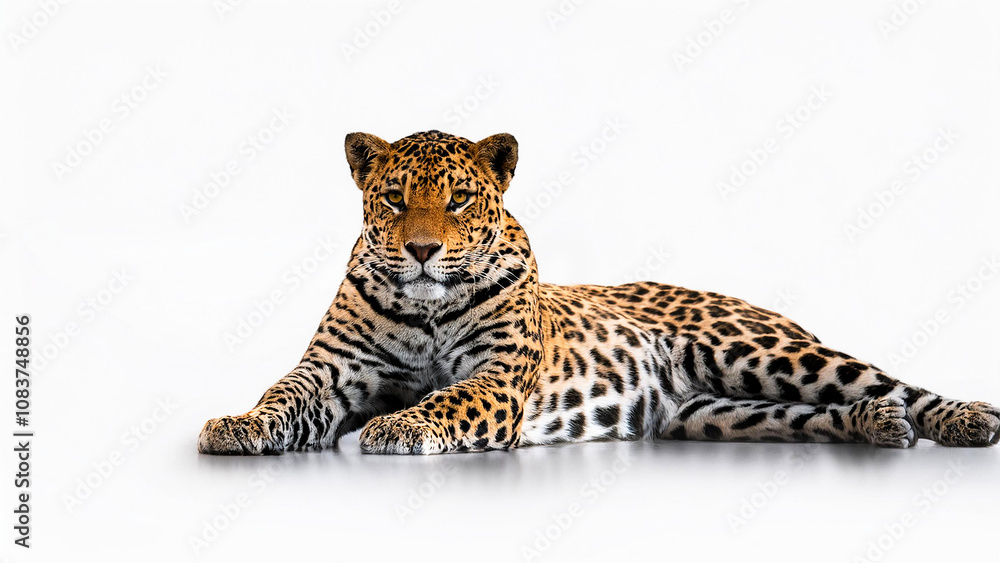 Obraz premium Leopard in a lying pose isolated on a white background.