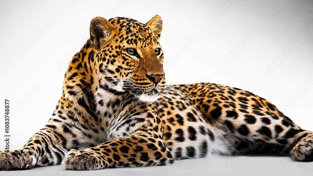 Obraz premium Leopard lying on white background.