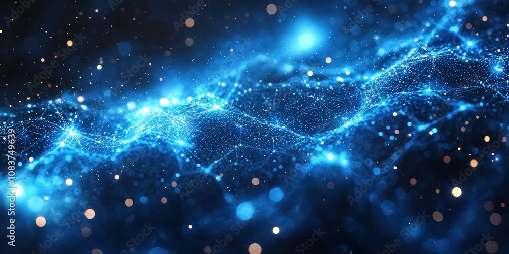 Fototapeta premium Abstract Blue and Gold Network with Bokeh Lights