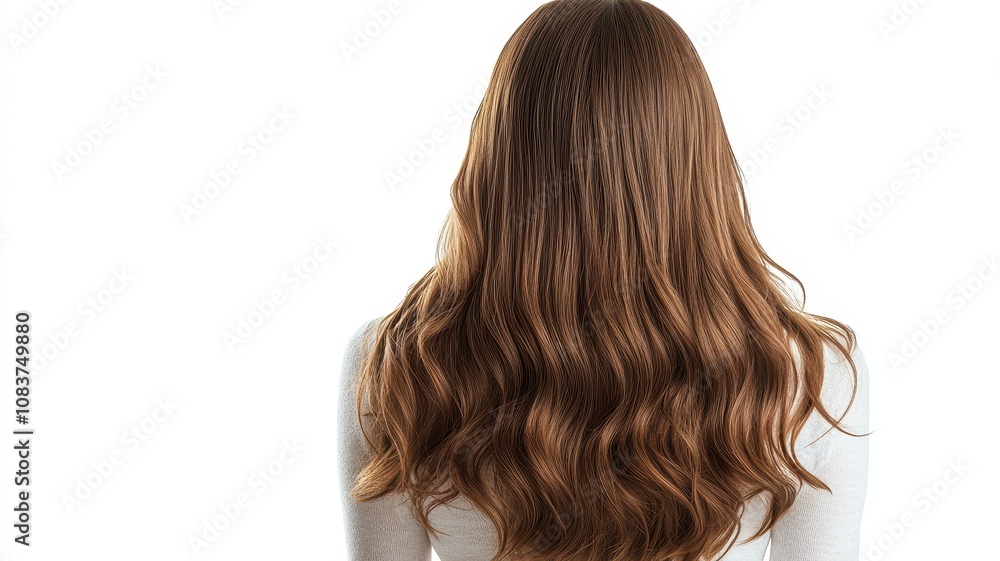 Naklejka premium Beautiful model girl with Brown hair strand,silky healthy chestnut wavy hair strand,hair wavy ribbon, with smooth,Keratin straightening,Treatment,straight long hair,procedures,Smooth hairstyle.