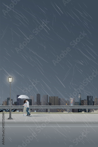 Cityscape in rainy day view from sidewalk with couple of lover kissing under umbrella have skyscraper and cloudy sky vertical background graphic illustration.