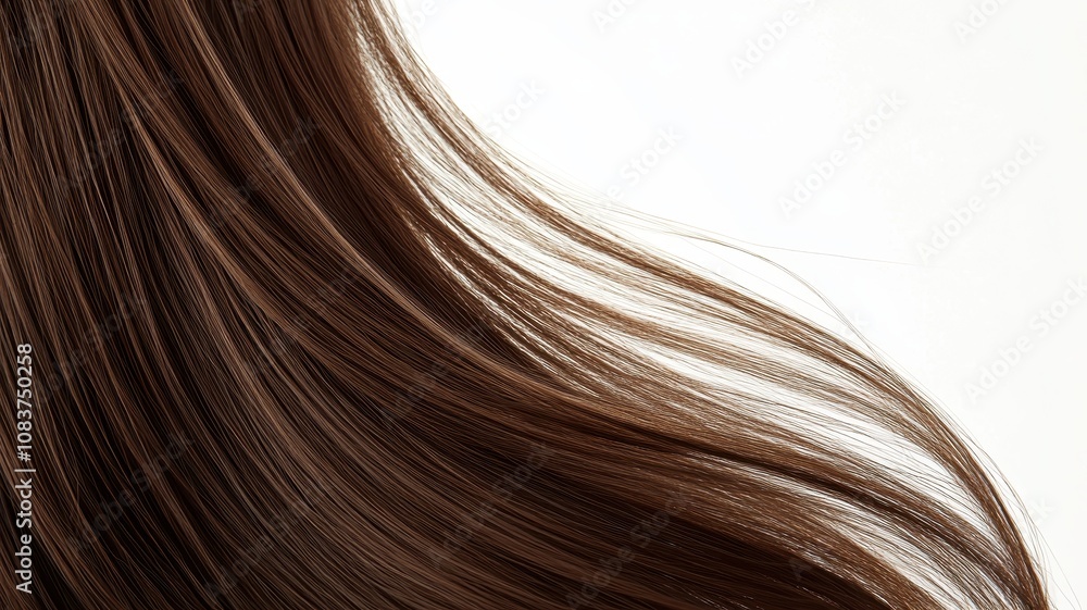 Naklejka premium Beautiful model girl with Brown hair strand,silky healthy chestnut wavy hair strand,hair wavy ribbon, with smooth,Keratin straightening,Treatment,straight long hair,procedures,Smooth hairstyle.