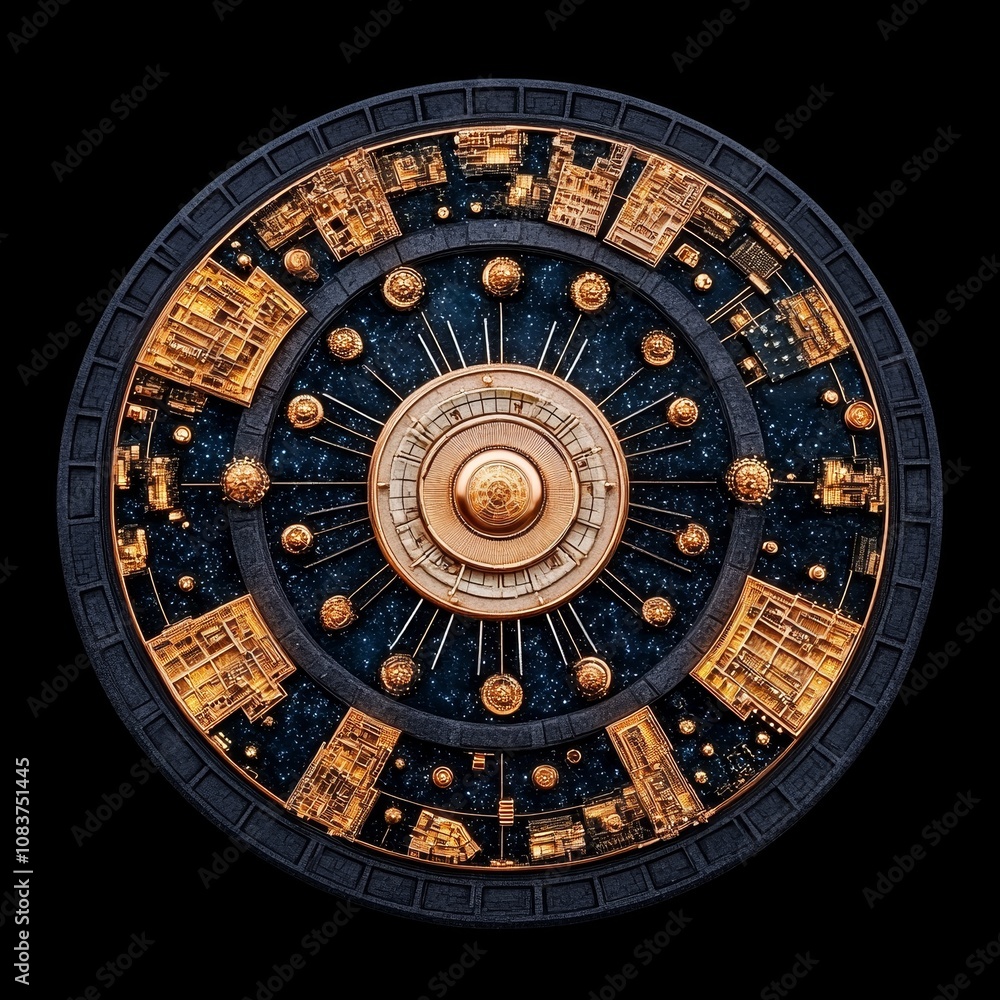 Fototapeta premium Circular Abstract Art with Gold and Starry Night Design