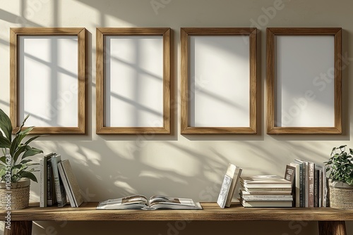 Four Empty Picture Frames Above a Wooden Table With Books and Plants photo