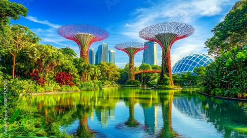 A Stunning Landscape of Tropical Gardens with Towering Supertrees and Dome-Shaped Structures Under a Clear Blue Sky photo