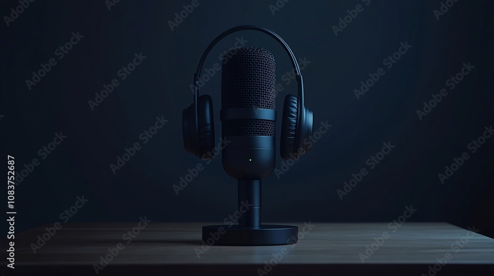 Fototapeta premium Studio microphone with headphones on wooden table.