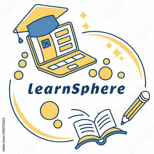 A friendly logo for an e-learning platform, featuring an open laptop icon with a graduation cap on top. The brand name "LearnSphere" is in a friendly, rounded font.