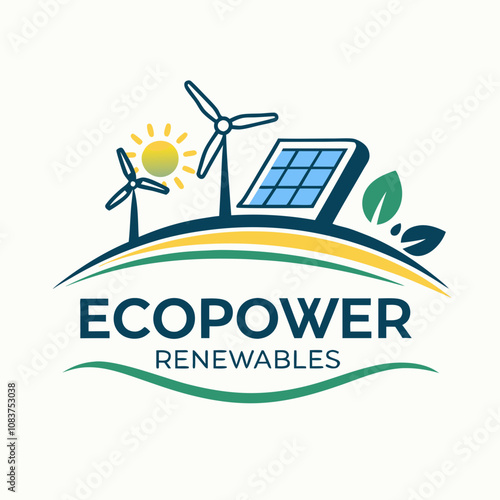 A sustainable logo for a renewable energy company, featuring solar panels and a wind turbine icon in the background. The brand name 