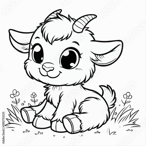 Cute cartoon goat illustration sitting happily amidst flowers in a grassy area in black and white