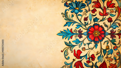 Ornate medieval illuminated manuscript border with floral patterns and vibrant colors. Renaissance. Illustration