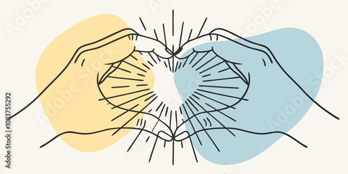 Cosmic Heart Both hands form a heart shape fingertips touching and palms slightly separated. Radiant trails of red and violet energy fan outwards creating a pulsating heart that