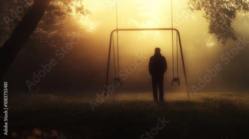 Ache - A deep, persistent pain or longing – A person facing an empty swing, symbolizing lost memories photo