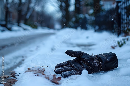 A lone, black leather glove lying on a snowy sidewalk photo