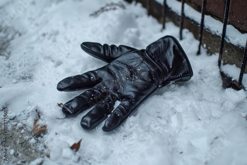 A lone, black leather glove lying on a snowy sidewalk photo